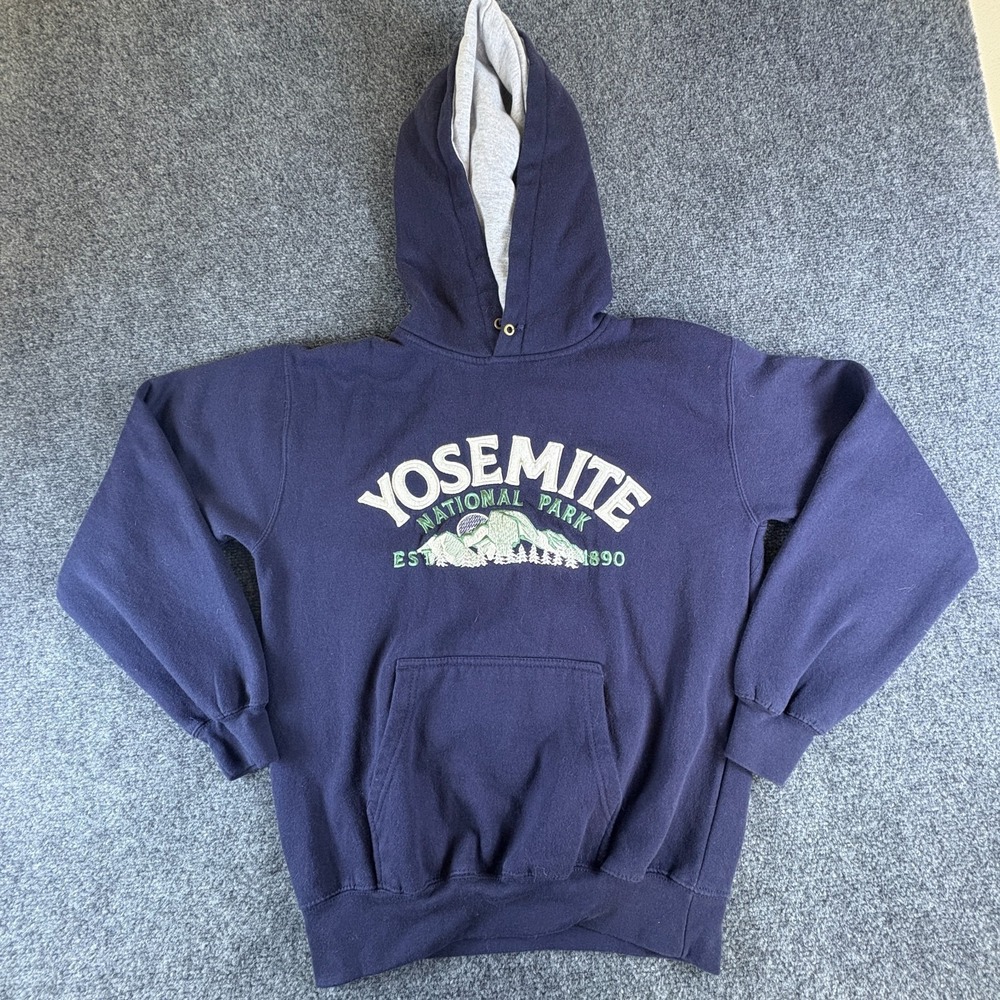 VTG Prairie Mountain Yosemite National Park Hoodie Mens Small Blue Embroidered